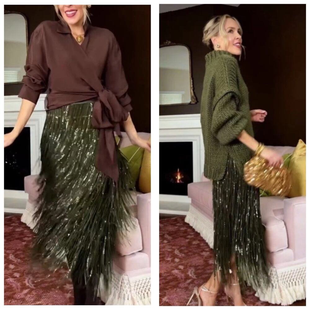 Zara Fringed Sequin Green Tassel Midi Skirt 9125/101 Size Large Party Cocktail - Picture 7 of 12